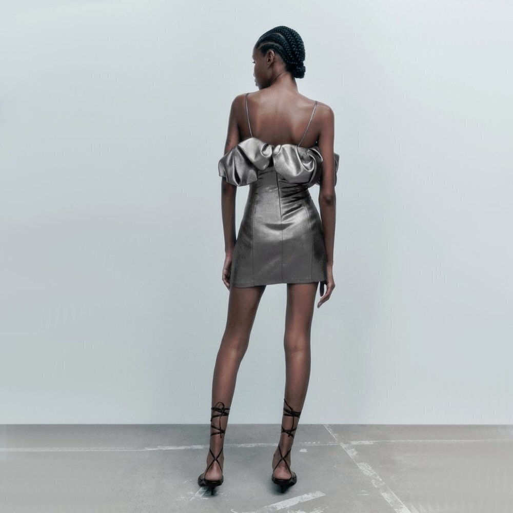 NWT Zara metallic silver shine effect voluminous ruffle detail mini dress, M - Picture 3 of 10